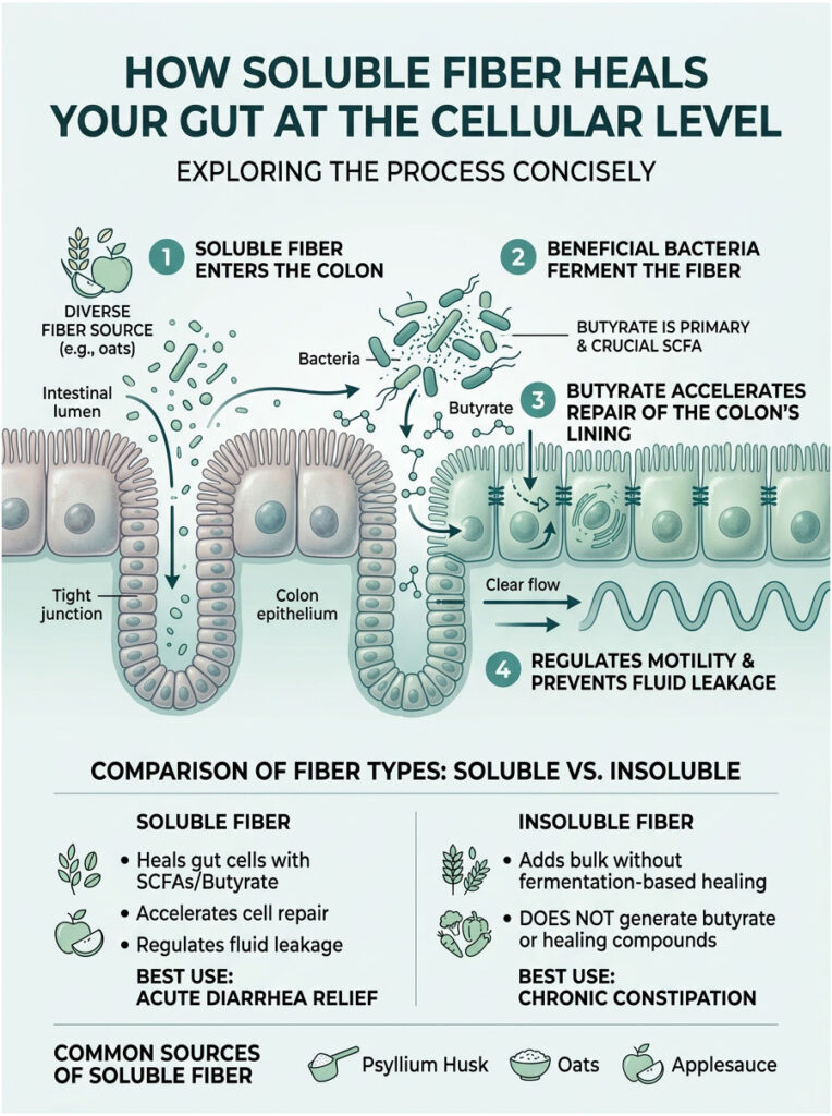 Infographic showing how soluble fiber heals the gut, detailing fiber sources, bacteria, and butyrate's role.