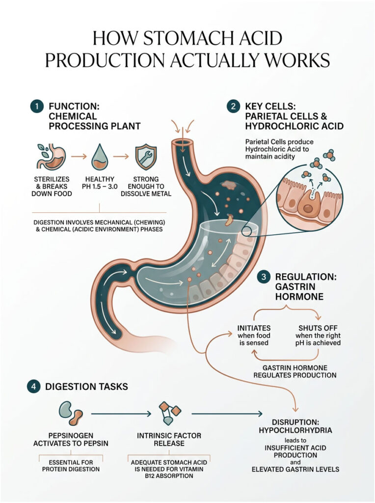 Infographic explaining stomach acid production, featuring diagrams, key cells, and digestion tasks with labeled sections.