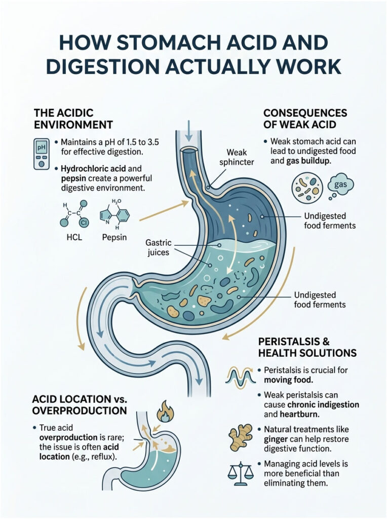 Infographic explaining stomach acid and digestion, featuring charts, icons, and key concepts on digestion processes.