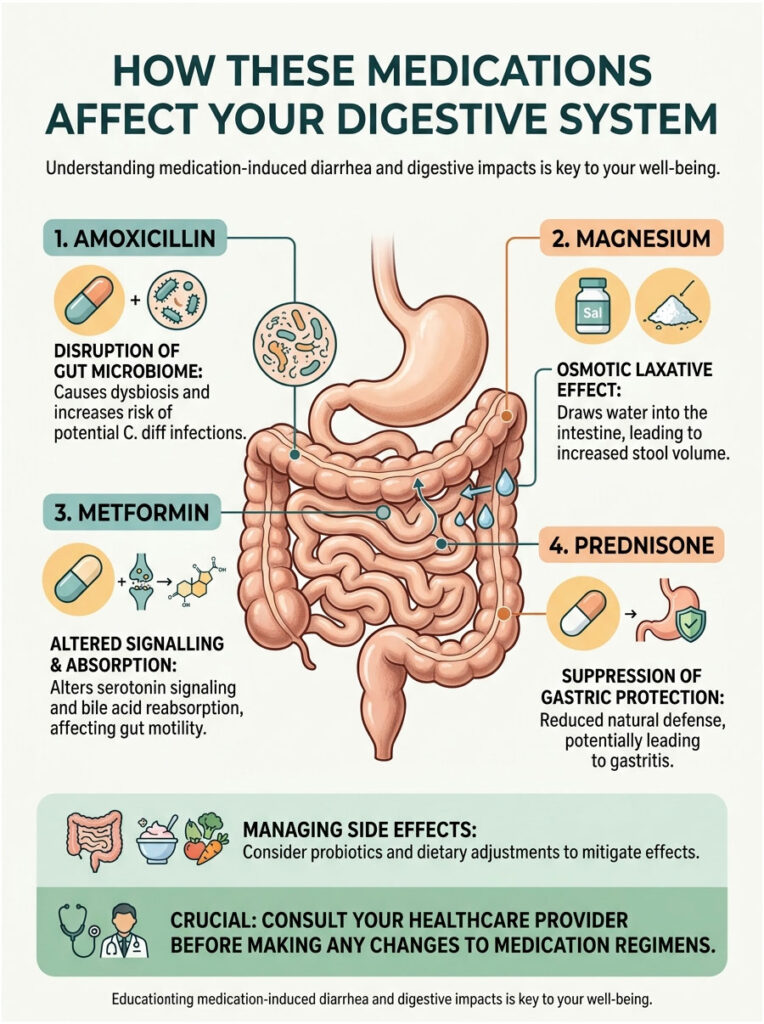 Infographic showing how medications like Amoxicillin, Magnesium, Metformin, and Prednisone affect digestion.