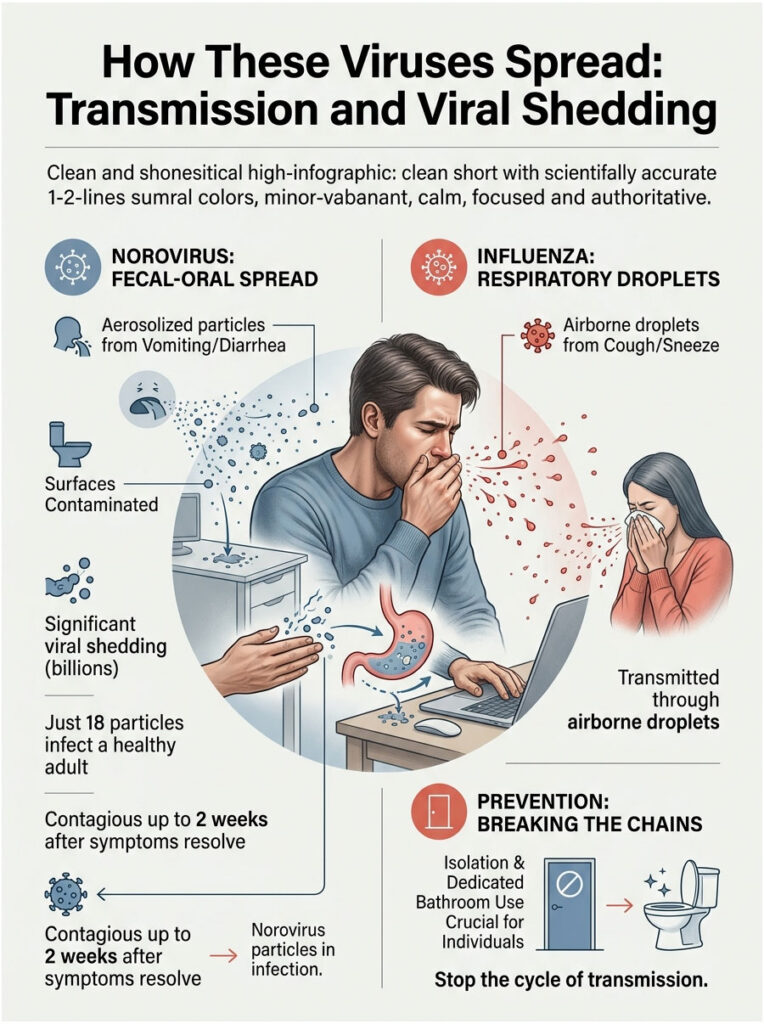 Infographic showing virus transmission methods, including Norovirus and Influenza, with illustrations and key data points.