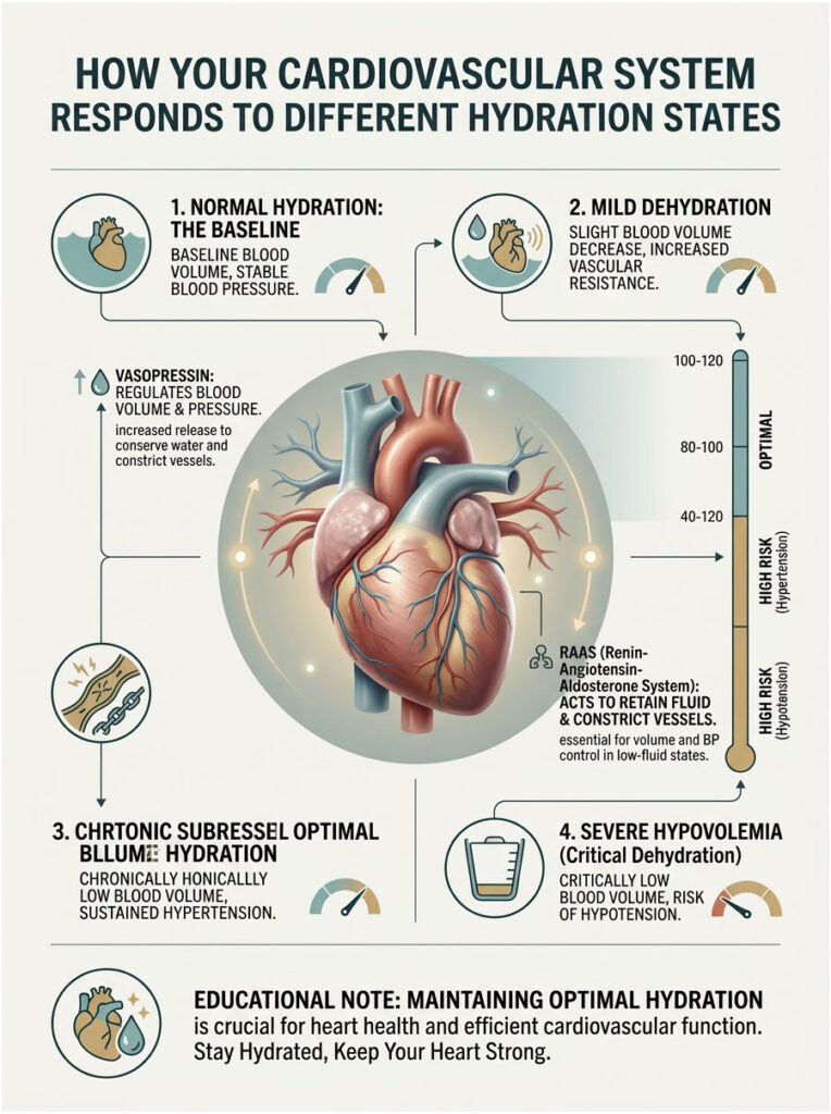 Infographic showing cardiovascular responses to hydration states, including normal hydration, mild dehydration, and severe hypovolemia.