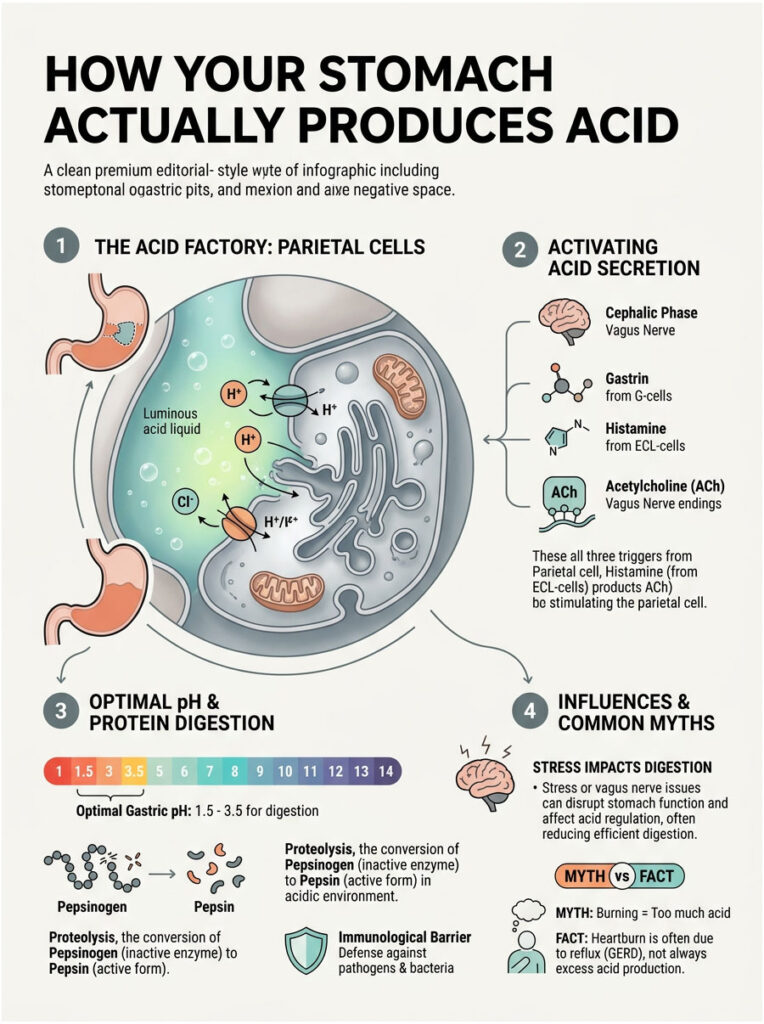 Infographic showing stomach acid production, including parietal cells, acid secretion activation, optimal pH, and common myths.