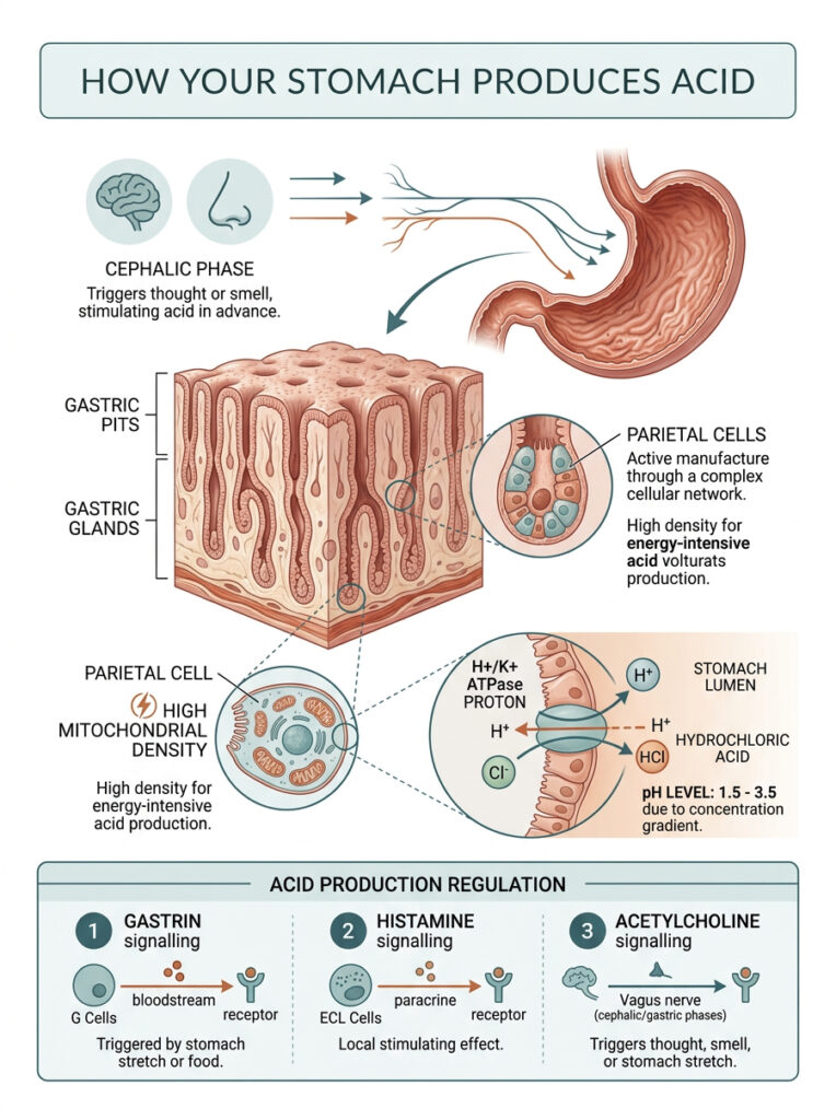 Infographic explaining stomach acid production, featuring diagrams of gastric pits, parietal cells, and signaling phases.