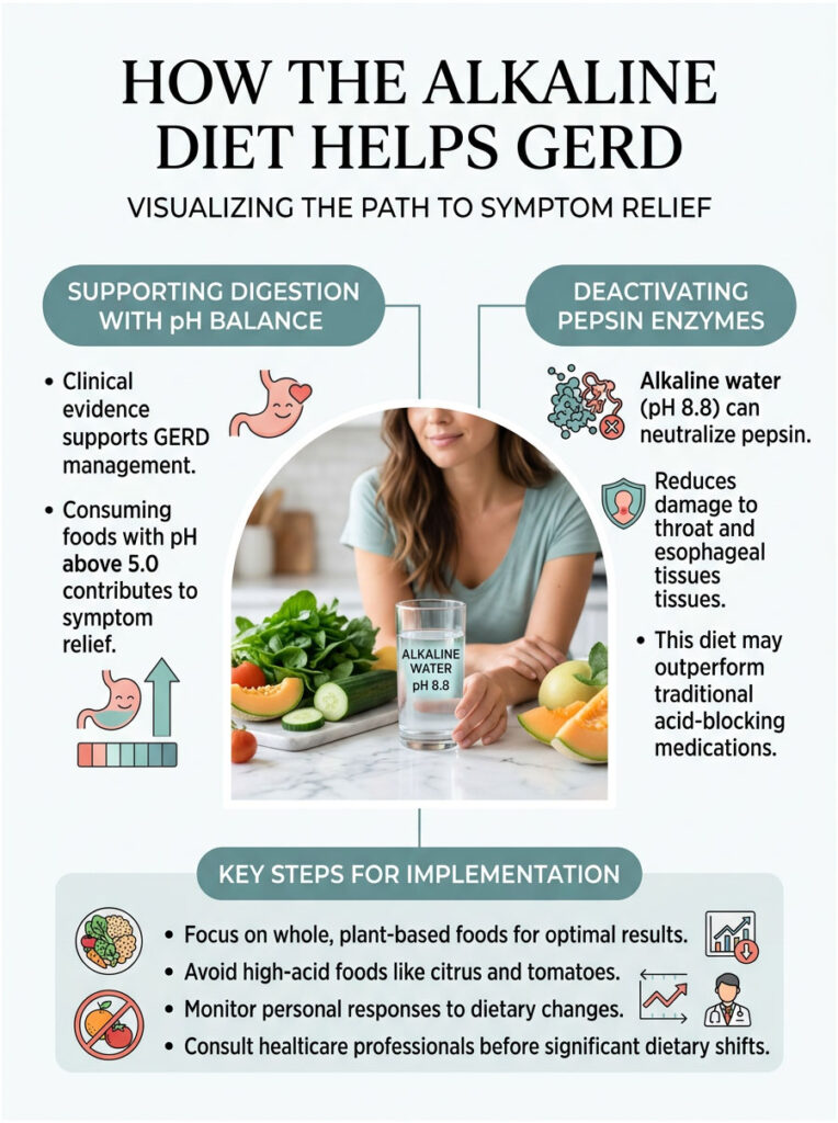 Infographic showing how the alkaline diet helps GERD with pH balance, alkaline water, and dietary steps.