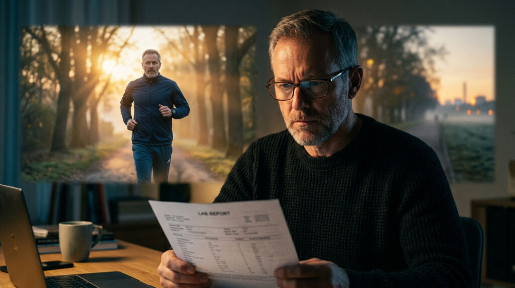 A man reads a lab report while a runner jogs in the background, illuminated by warm sunlight.