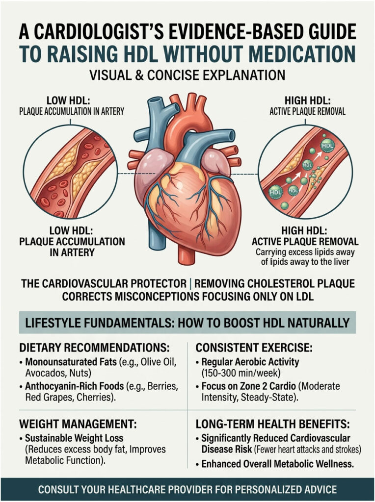 Infographic showing HDL cholesterol benefits, dietary recommendations, and exercise tips for heart health.