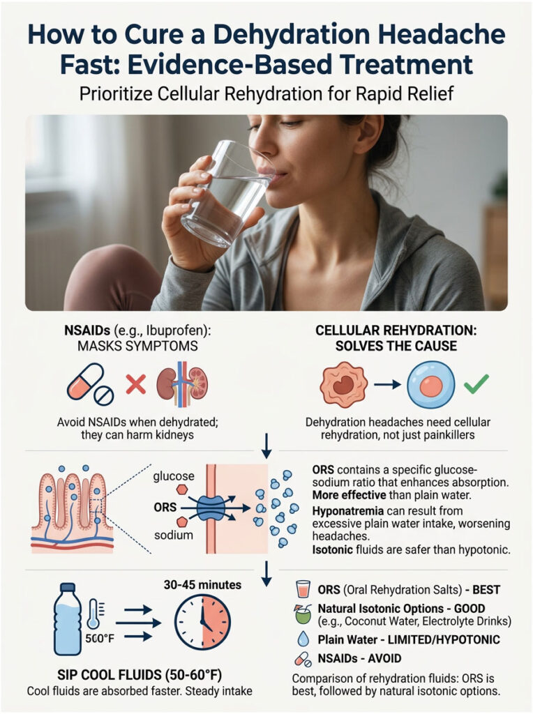 Woman drinks water while infographic explains dehydration headache treatment, emphasizing cellular rehydration methods.