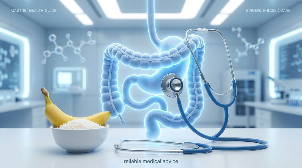A digital representation of the human digestive system with a stethoscope, bananas, and rice in a medical setting.