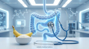 A digital representation of the human digestive system with a stethoscope, bananas, and rice in a medical setting.