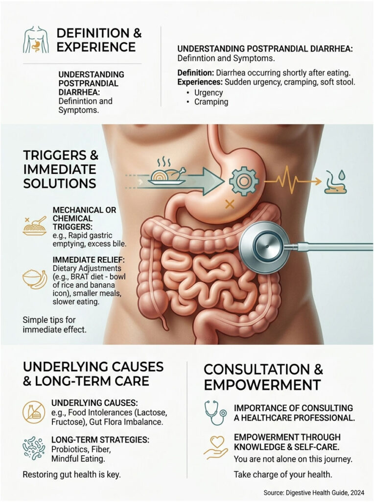 Infographic explaining postprandial diarrhea, symptoms, triggers, solutions, and long-term care strategies.