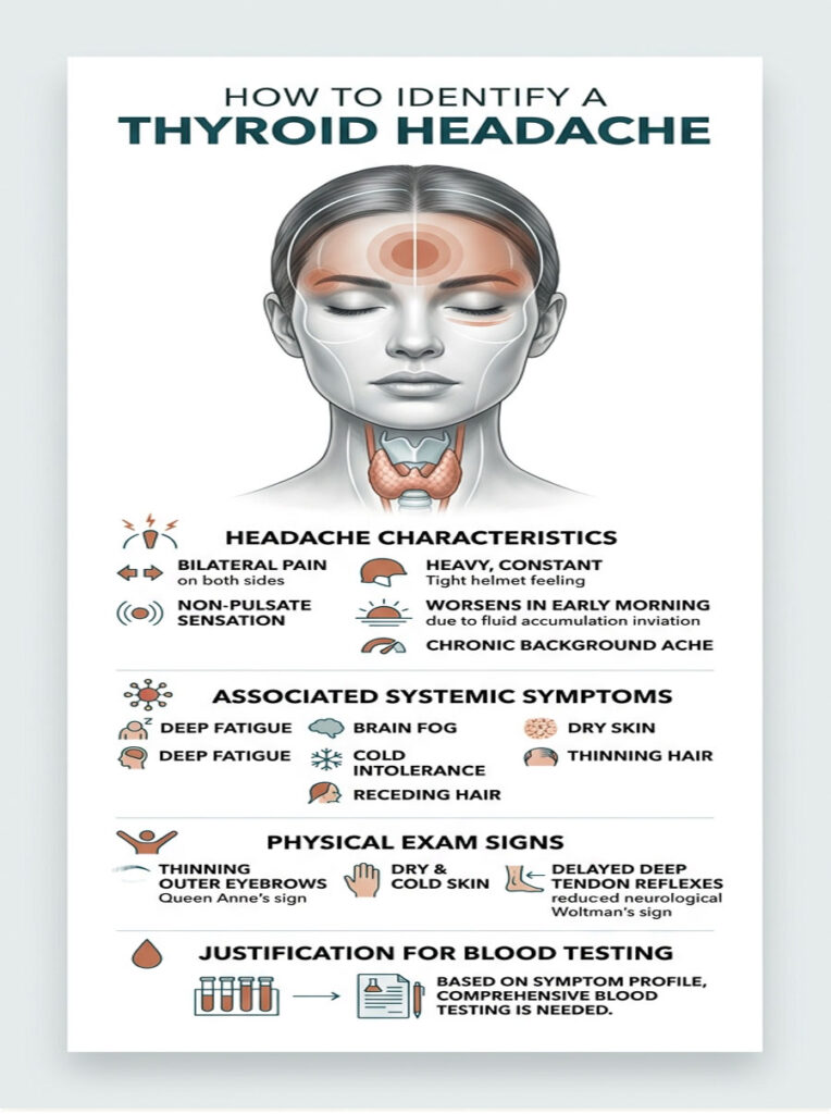 Infographic showing how to identify a thyroid headache with symptoms, signs, and blood testing justification.
