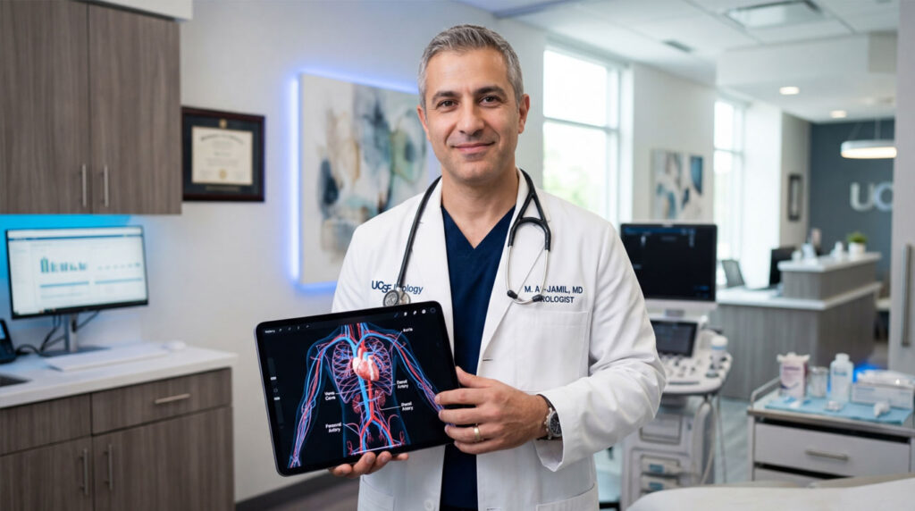 A doctor in a white coat holds a tablet displaying a heart anatomy illustration in a medical office.