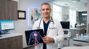 A doctor in a white coat holds a tablet displaying a heart anatomy illustration in a medical office.