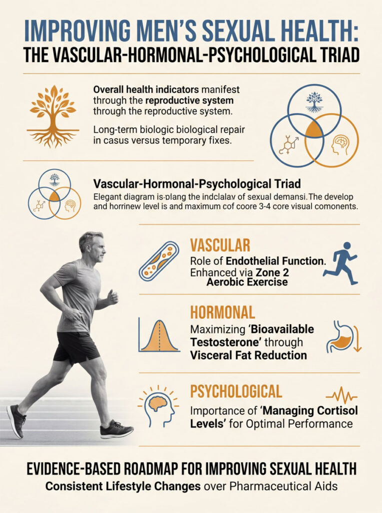 Infographic on improving men's sexual health with vascular, hormonal, and psychological elements and exercise tips.