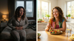 A woman in pajamas holds her stomach in pain on one side, while on the other side, she smiles and eats a healthy meal.