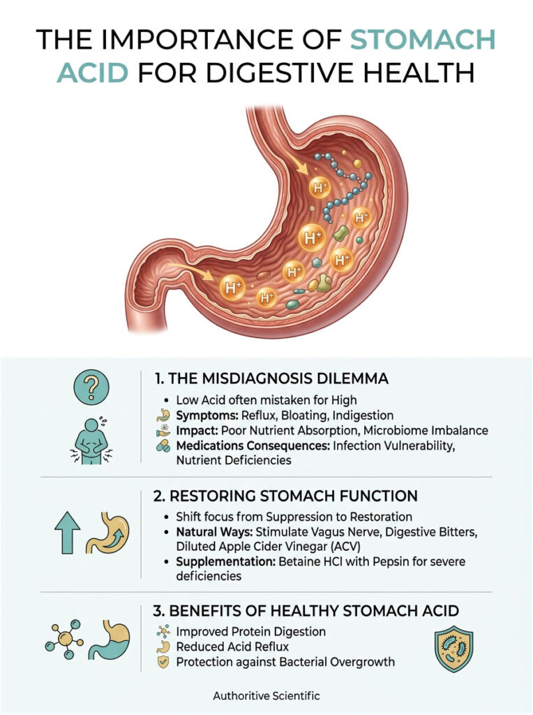 Infographic showing the importance of stomach acid for digestive health, with illustrations and key points on symptoms and benefits.