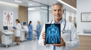 A urologist in a white coat holds a tablet displaying a human anatomy diagram in a modern clinic setting.