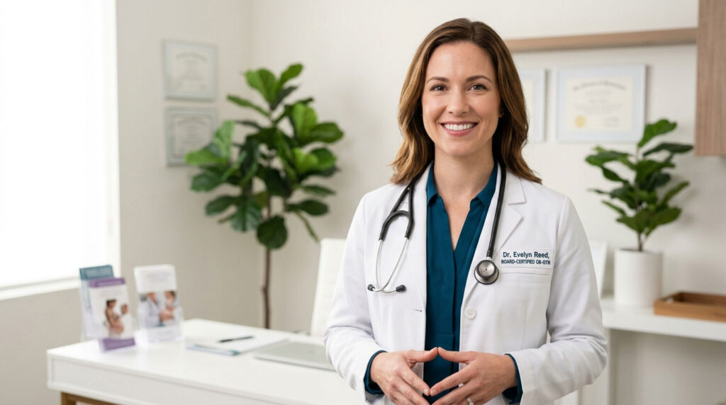 A smiling female doctor in a white coat stands in a bright office with plants and certificates in the background.