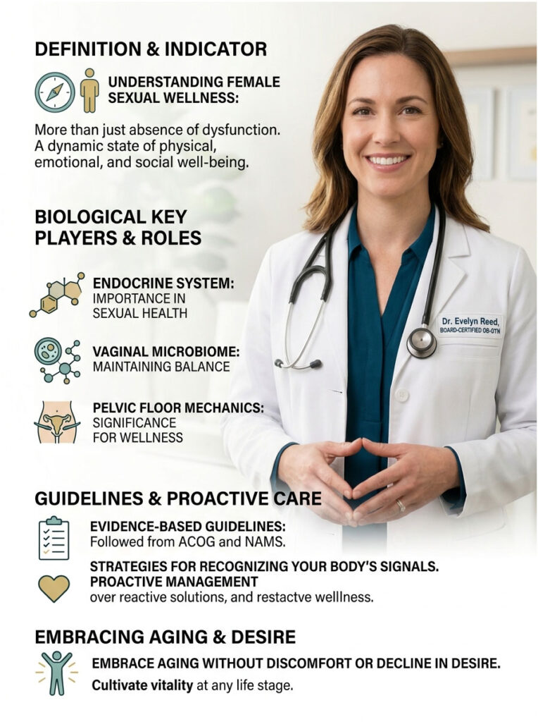 Infographic explaining female sexual wellness, featuring key players, guidelines, and aging insights.