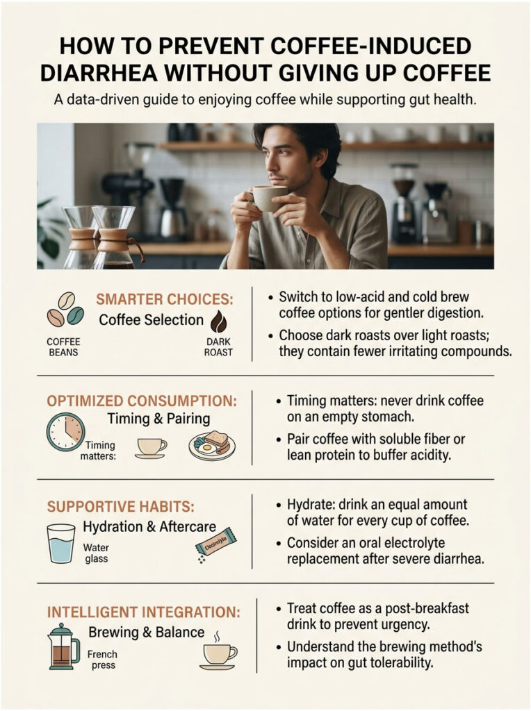 Infographic on preventing coffee-induced diarrhea with tips on coffee selection, timing, hydration, and brewing methods.