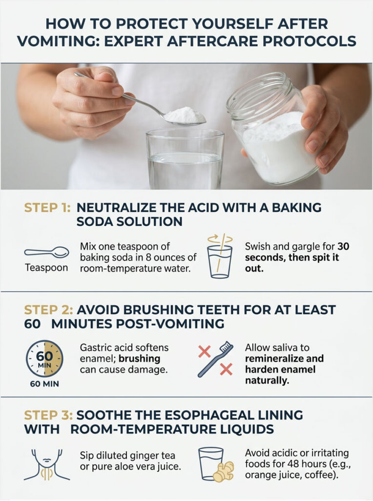 Infographic showing steps to protect after vomiting, including baking soda solution and avoiding brushing teeth.