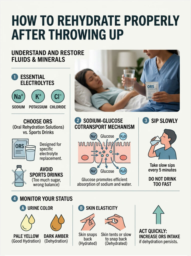Infographic on rehydration after vomiting, showing essential electrolytes, ORS vs. sports drinks, and monitoring hydration status.