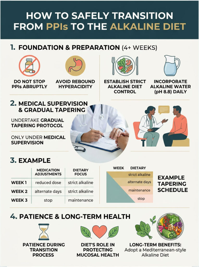 Infographic detailing safe transition from PPIs to alkaline diet with steps, charts, and illustrations of food and health advice.