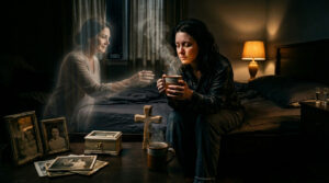 A woman sits on a bed holding a steaming mug, with a ghostly figure beside her offering a hand.