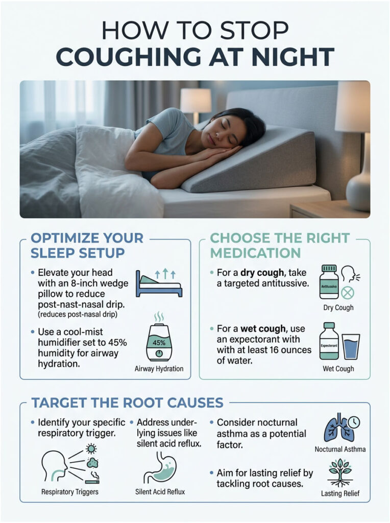 Infographic on stopping nighttime coughing with tips on sleep setup, medication, and root causes.