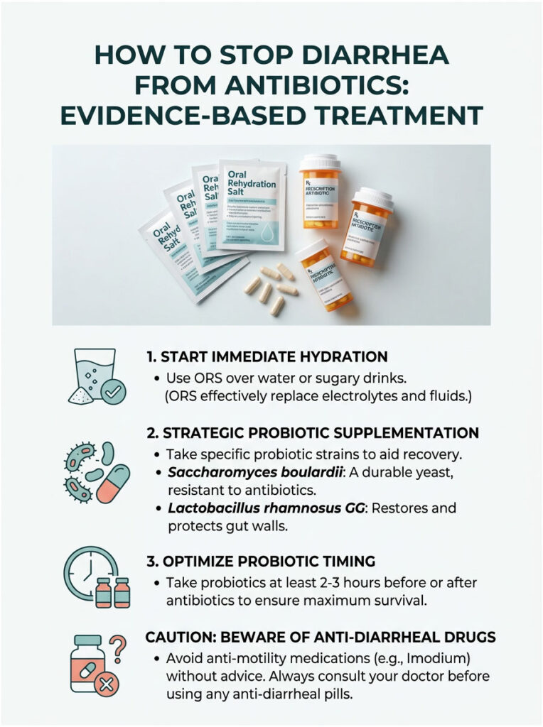 Infographic detailing steps to stop diarrhea from antibiotics, featuring hydration tips and probiotic recommendations.