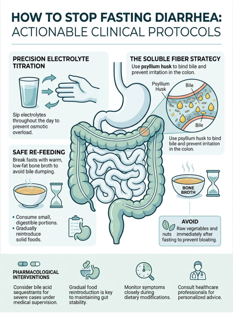 Infographic detailing methods to stop fasting diarrhea with illustrations of electrolytes, fiber, and gut health strategies.