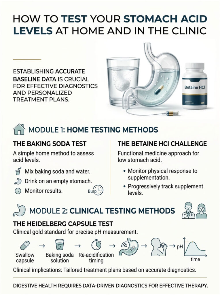 Infographic showing methods to test stomach acid levels at home and in clinic, including baking soda test and Heidelberg capsule test.