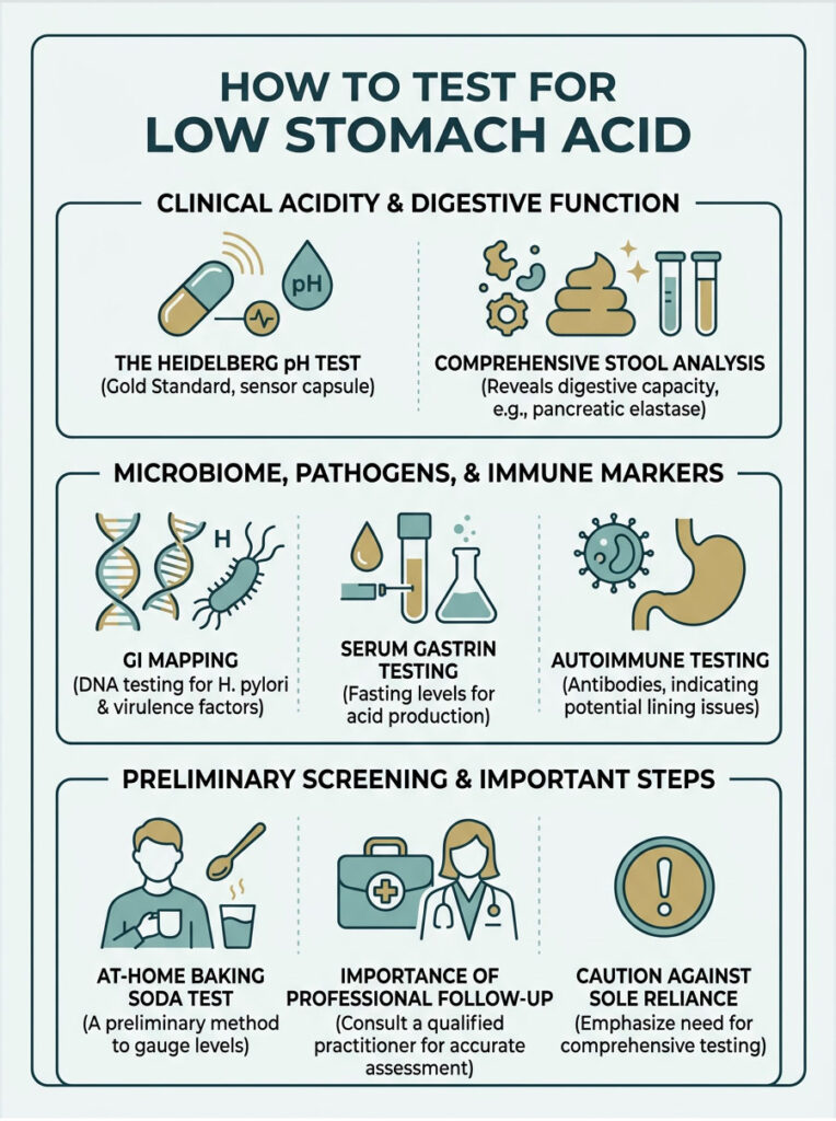 Infographic on testing for low stomach acid, detailing tests like Heidelberg pH test and GI mapping.