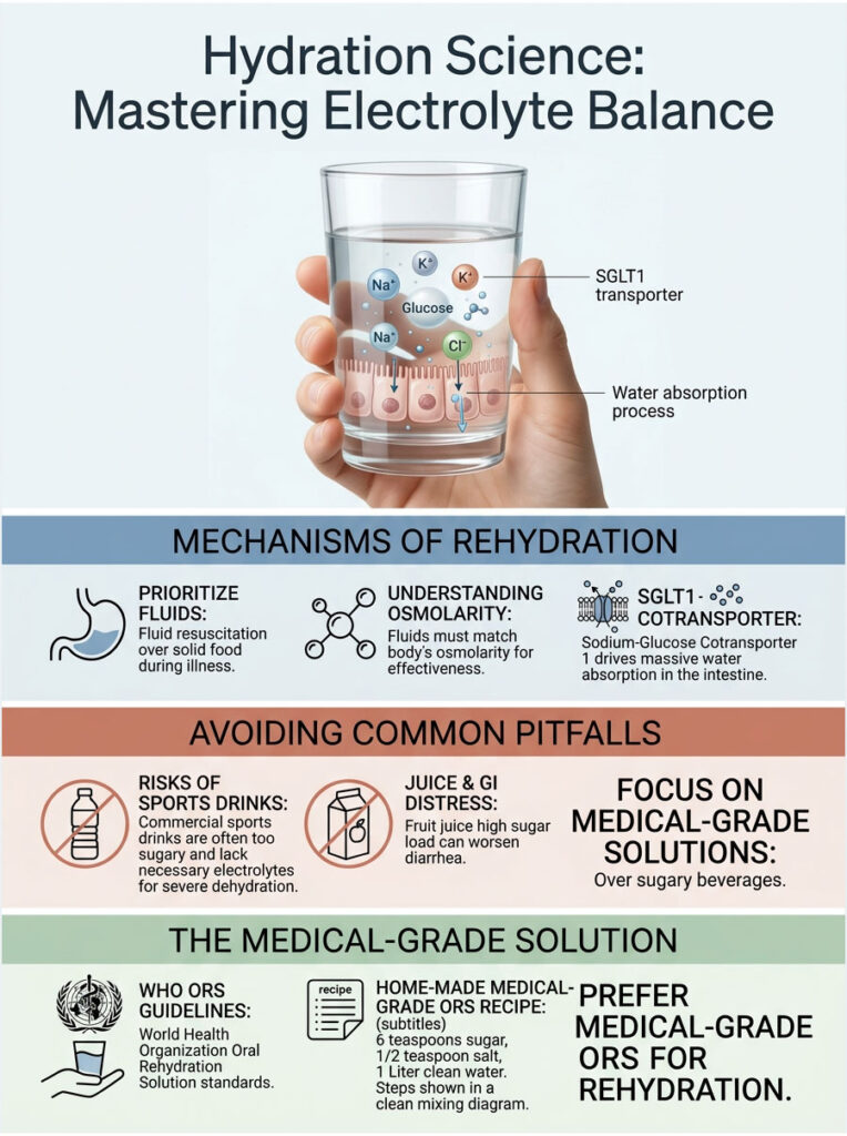 Infographic on hydration science showing electrolyte balance, rehydration mechanisms, and medical-grade solutions.