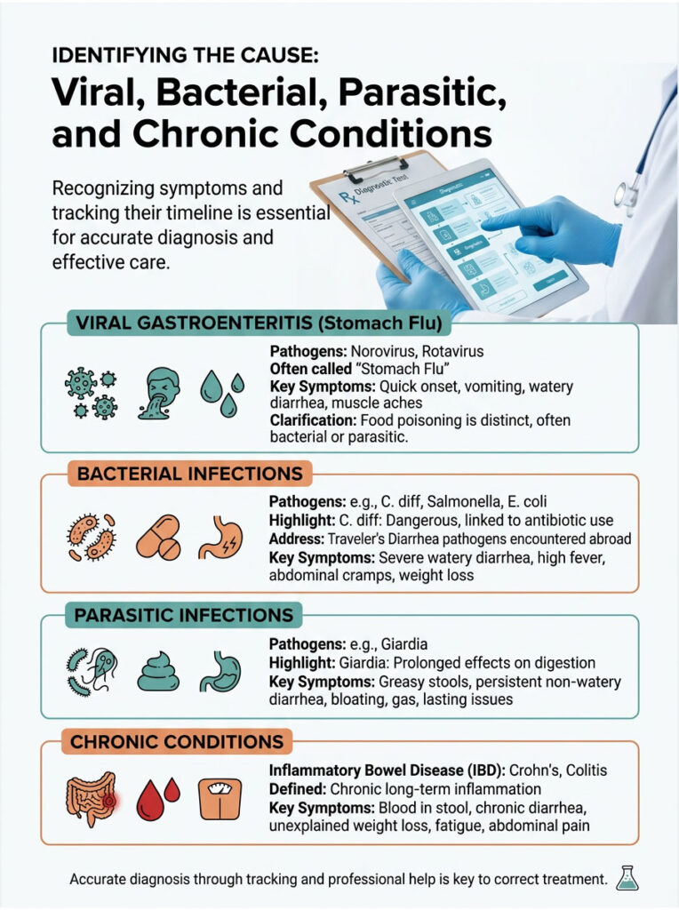 Infographic detailing viral, bacterial, parasitic, and chronic conditions with symptoms and pathogens listed.