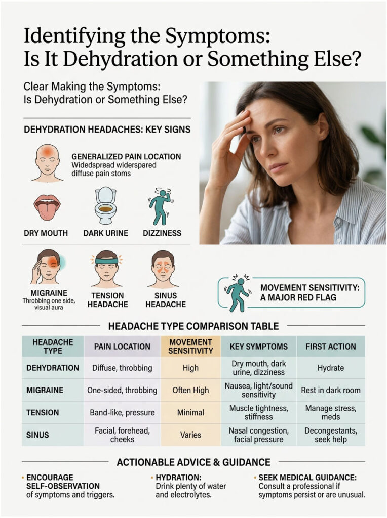 Infographic comparing dehydration headaches and other headache types with symptoms and advice.
