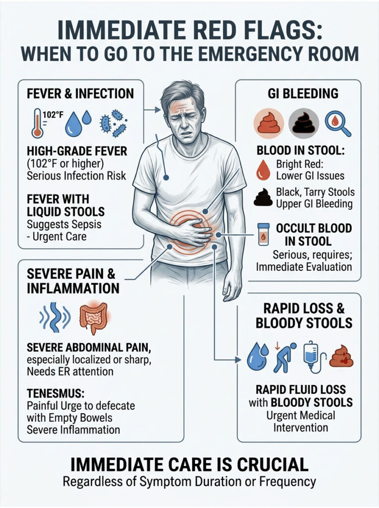 Infographic showing emergency room red flags including fever, GI bleeding, and severe pain symptoms.