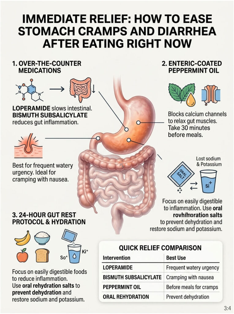 Infographic detailing immediate relief methods for stomach cramps and diarrhea, featuring medications and hydration tips.