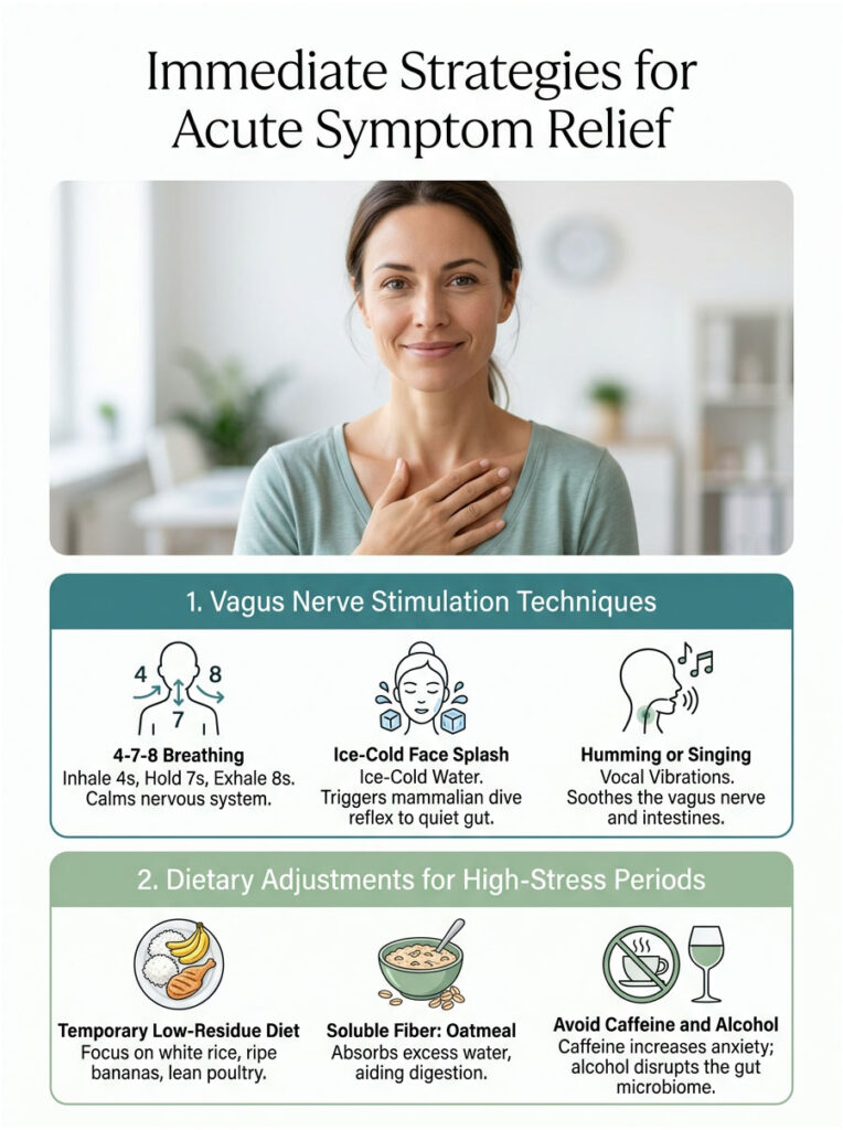 Woman demonstrates breathing technique for acute symptom relief in a wellness infographic with tips and icons.
