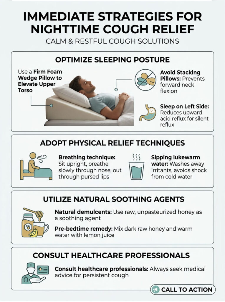 Infographic detailing nighttime cough relief strategies with tips on sleeping posture, breathing techniques, and remedies.