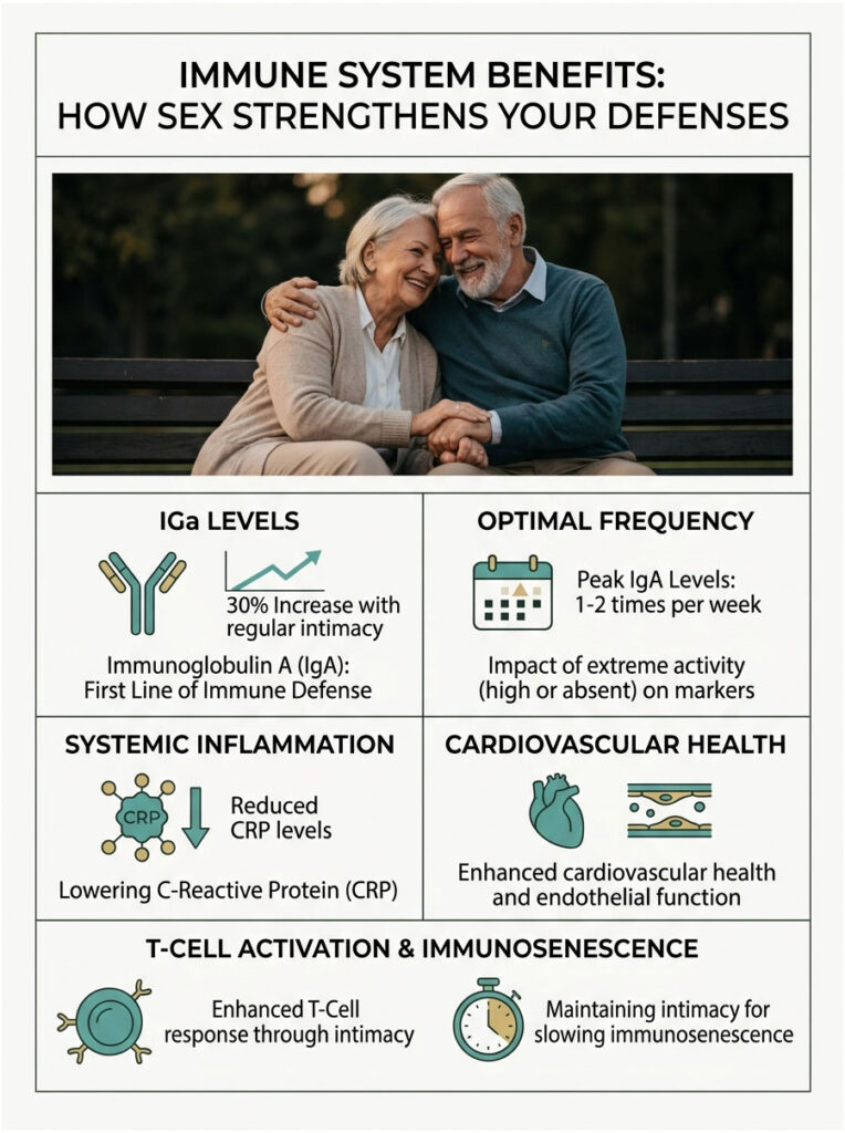 Infographic showing immune system benefits of sex, including IGa levels, inflammation, and cardiovascular health.
