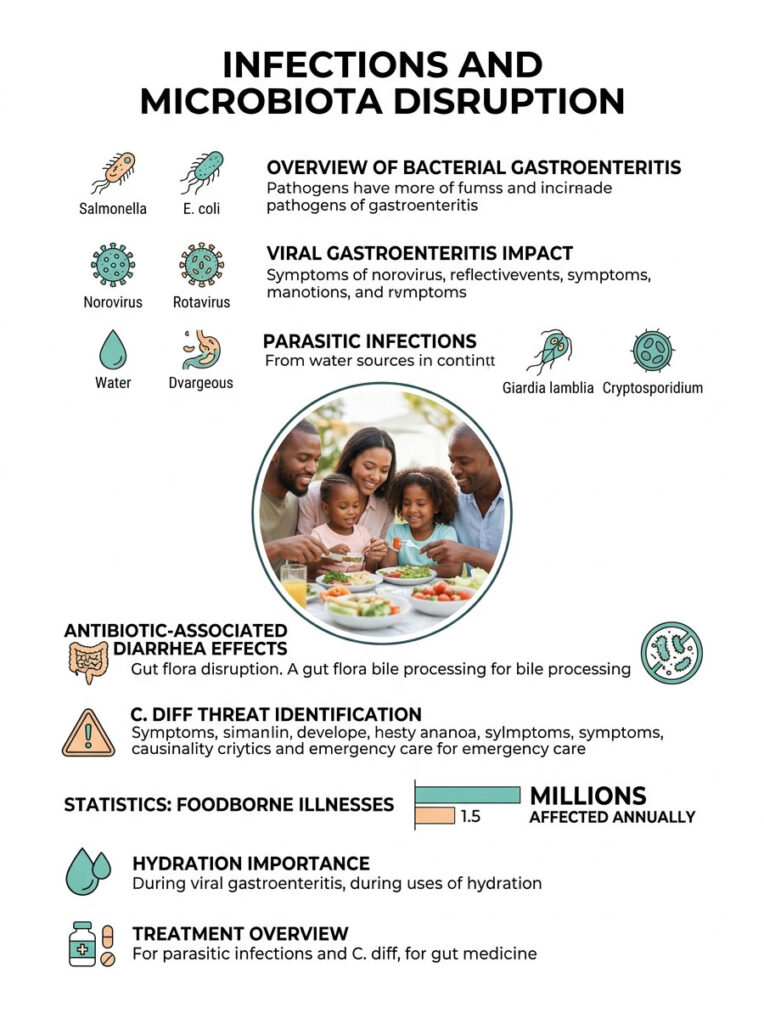 Infographic on infections and microbiota disruption with icons, statistics, and family eating together.