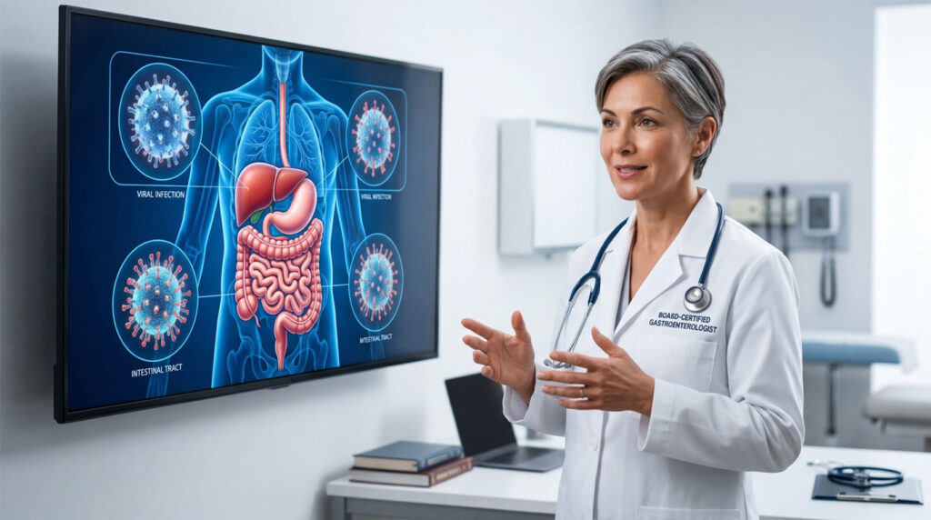 A female gastroenterologist explains viral infections using an anatomical display in a medical office.