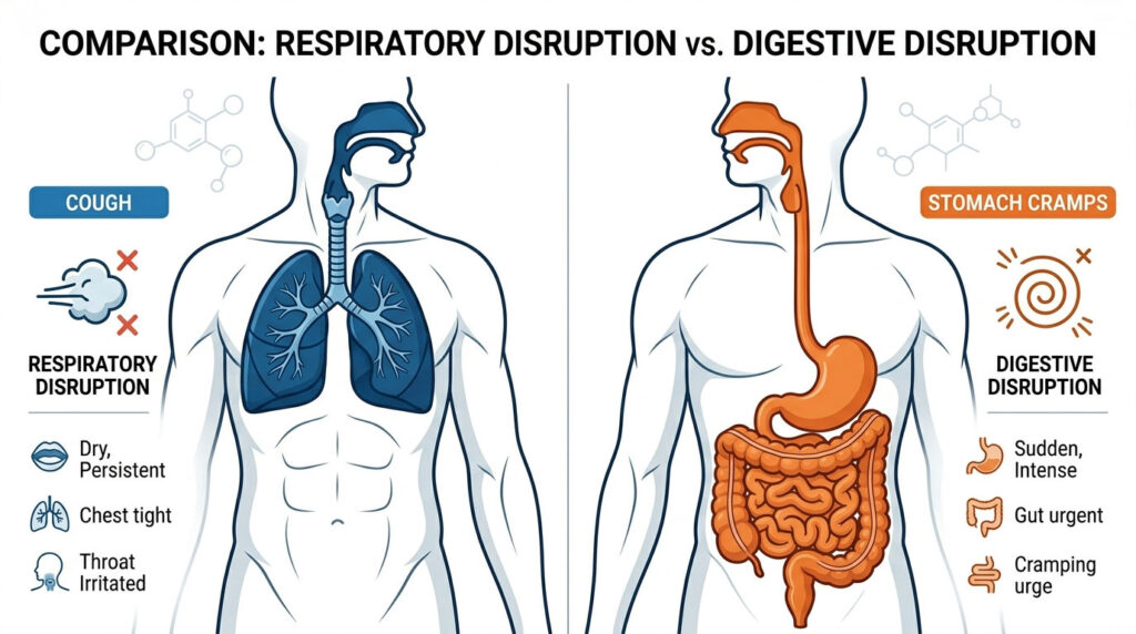 Diagram comparing respiratory disruption and digestive disruption symptoms with labeled body parts and icons.