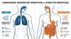 Diagram comparing respiratory disruption and digestive disruption symptoms with labeled body parts and icons.