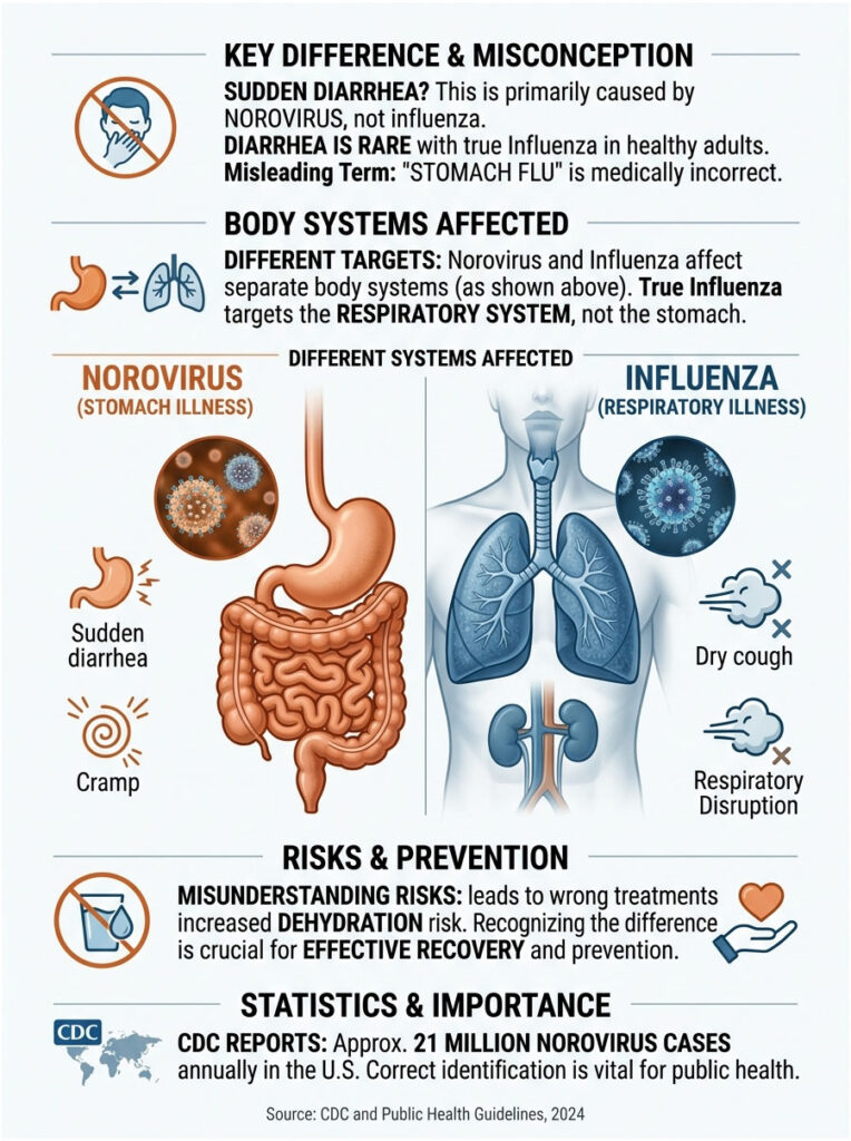 Infographic comparing Norovirus and Influenza symptoms, causes, and prevention tips with illustrations and statistics.