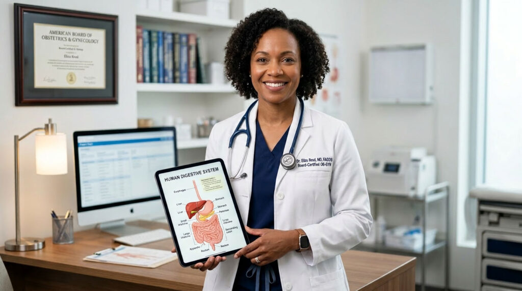 A female doctor in a white coat holds a tablet showing the human digestive system diagram in an office setting.
