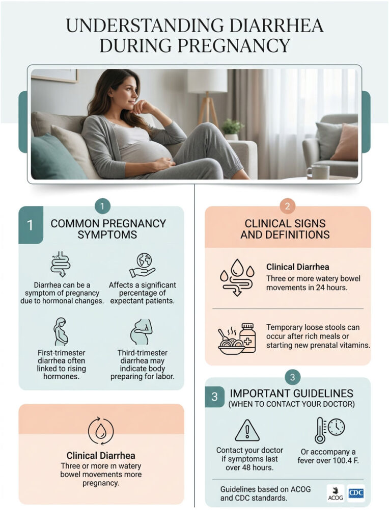 Infographic explaining diarrhea during pregnancy with sections on symptoms, clinical signs, and guidelines.