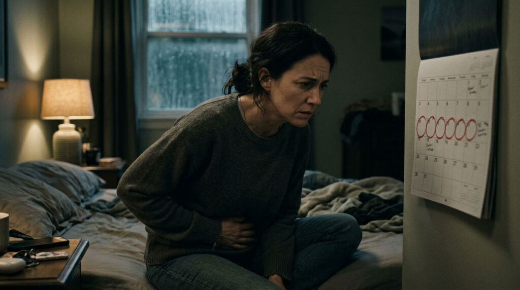 A woman sits on a bed, holding her stomach, looking distressed in a dimly lit bedroom.